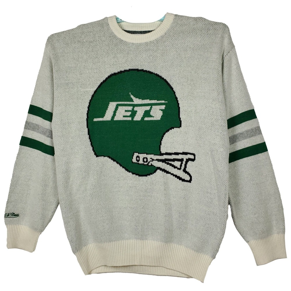 New York Jets Mitchell & Ness NFL Large Knitted Sweater Cream Green Gray NWT